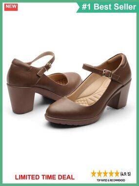 Mary Jane Heels with Arch Support Round Toe Chunky Block Heel Pumps